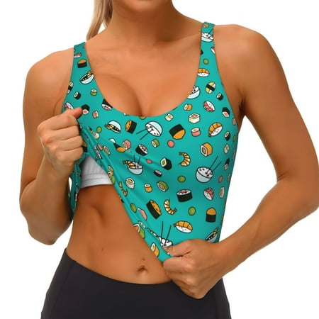 Qokaie Sushi (3) Pattern Womens Scoop Neck Sports Bra Breathable Workout Vest Padded U Back Medium Impact Fitness Gym Yoga Bra Workout Crop Top