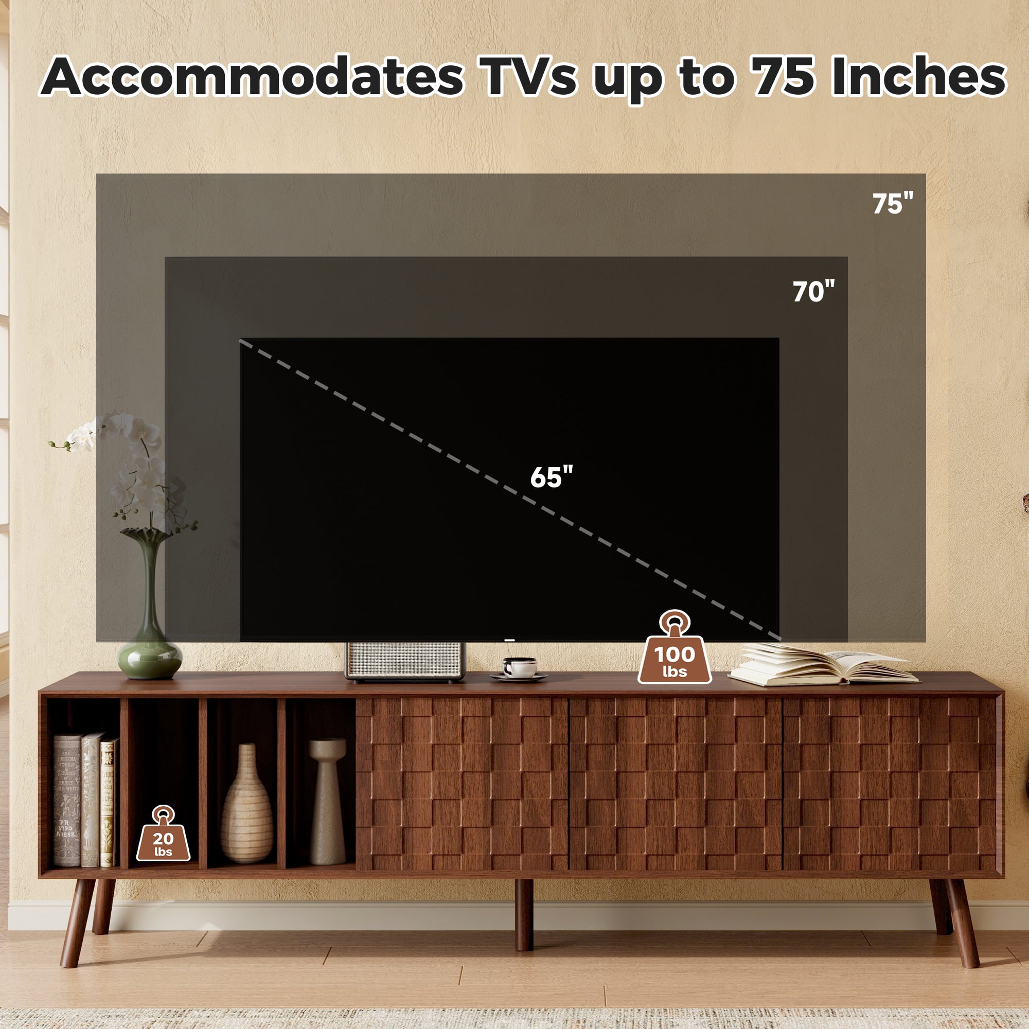 TV Stand for TVs up to 75 Inch, Mid-Century Modern Entertainment Center with 3 Cabinets & 4 Open Shelves, Media Console for Living Room