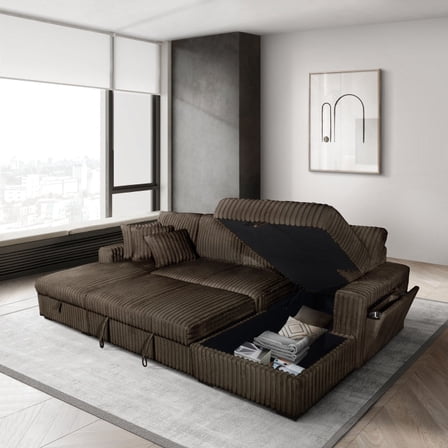 Brown Corduroy U-Shaped Sectional Sofa with Storage Chaise, USB Port and Pillows, Modern Living Room Convertible Sofa