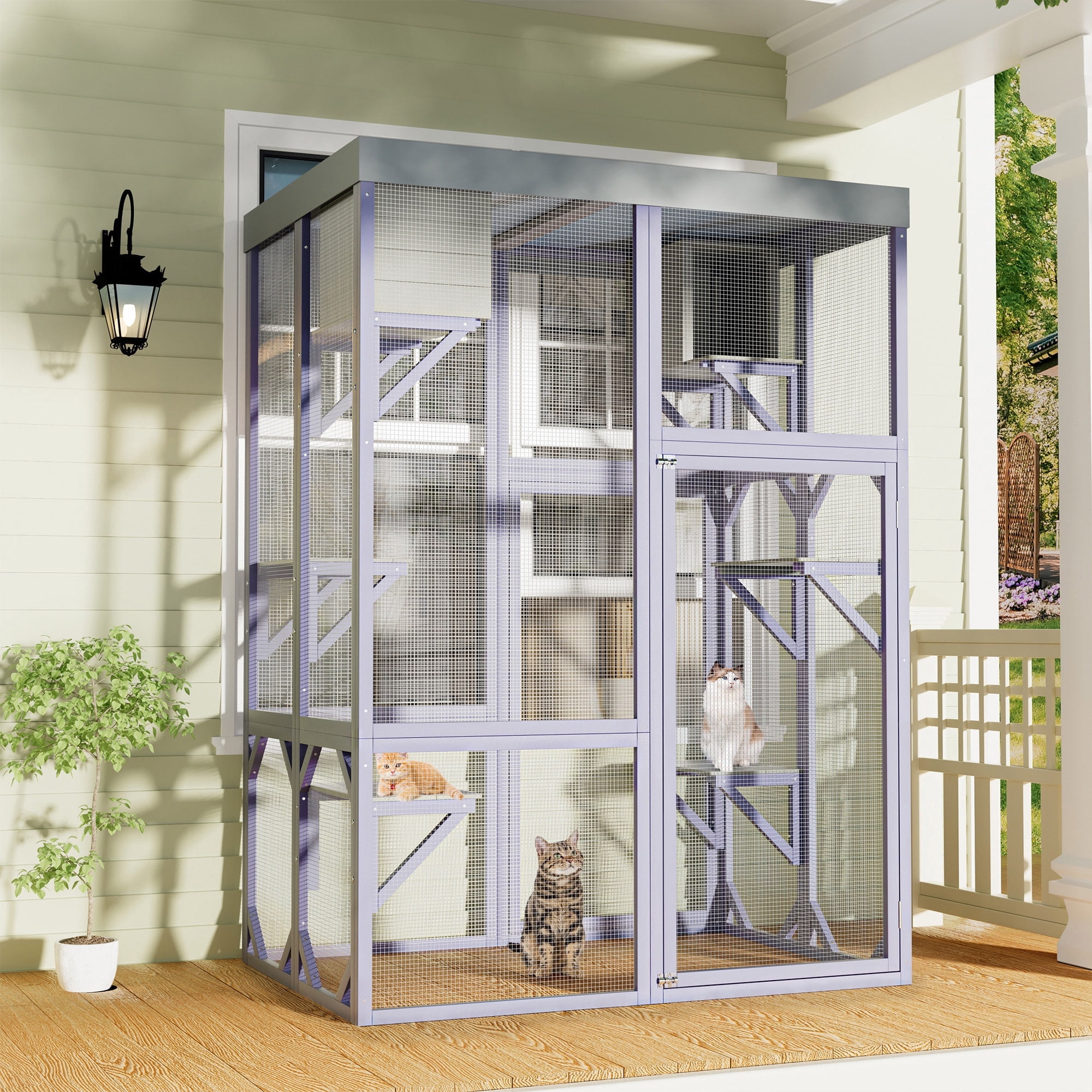 Kosynda 70" Large Catio Outdoor Cat Enclosure with Weatherproof Roof, 6-Tier Wooden Cat House Kitty Cage with 4 Platforms and 2 Napping Houses for Multiple Cats, Light Gray