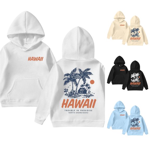 Trendfront Girls Hawaii Palm Tree Letter Graphic Hoodies Long Sleeve Kangaroo Pocket Fall Winter School Sweatshirt Tops
