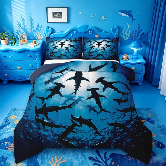 jejeloiu Deep Ocean Shark Full Size Comforter Sets,Silhouette Print Bedding Comforter Set For Boys,Blue Black,Navy Blue Reversible,3 Pieces,1 Comforter and 2 Pillowcases