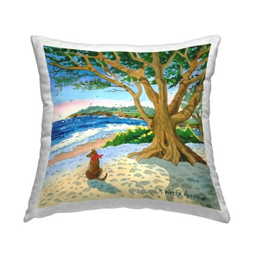 Stupell Industries Dog Under Tree on Beach Square Decorative Printed Throw Pillow, 18 x 18
