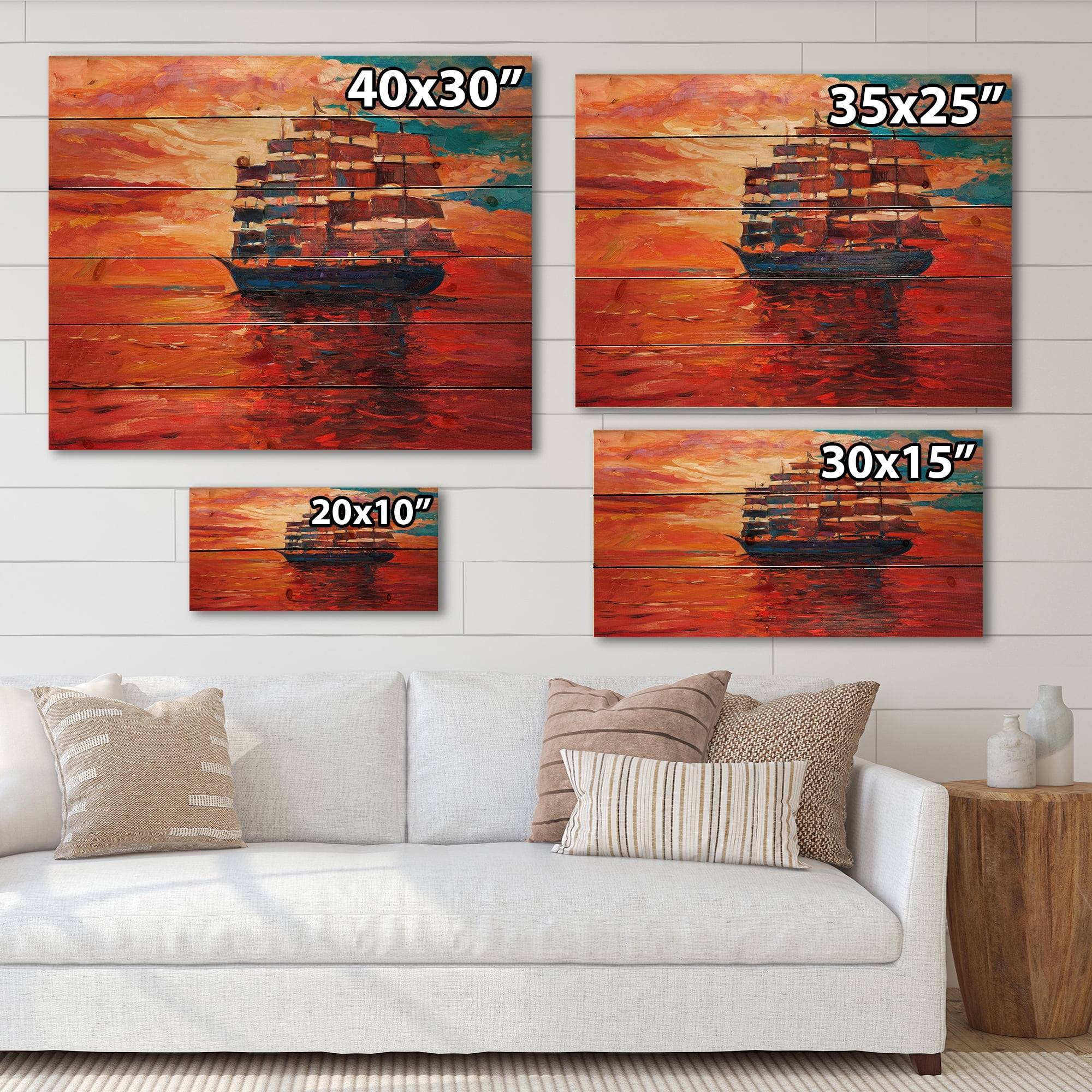 Designart 'Frigat During Red Evening Glow On The Ocean Horizon' Nautical & Coastal Print on Natural Pine Wood