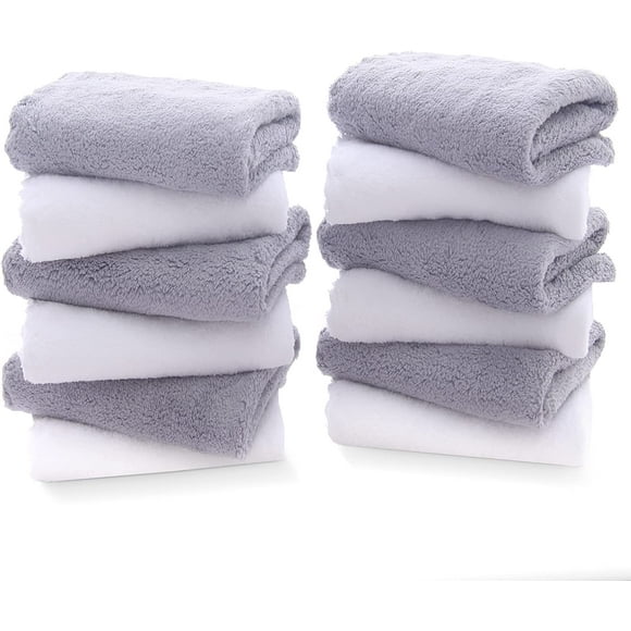 XINQIHANG 12 Pack Premium Washcloths Set-Quick Drying- Soft Microfiber Coral Velvet Highly Absorbent Wash Clothes-Multipurpose Use as Bath, Spa, Facial, Fingertip Towel (Grey and White)