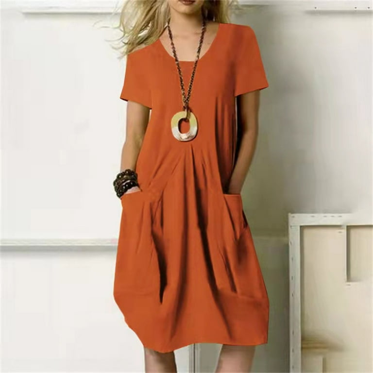 Women Boho T Shirt Dress with Pockets, Casual Cotton Linen Summer Dresses,  Loose Knee Length Dress, Solid Color Dress - Walmart.com