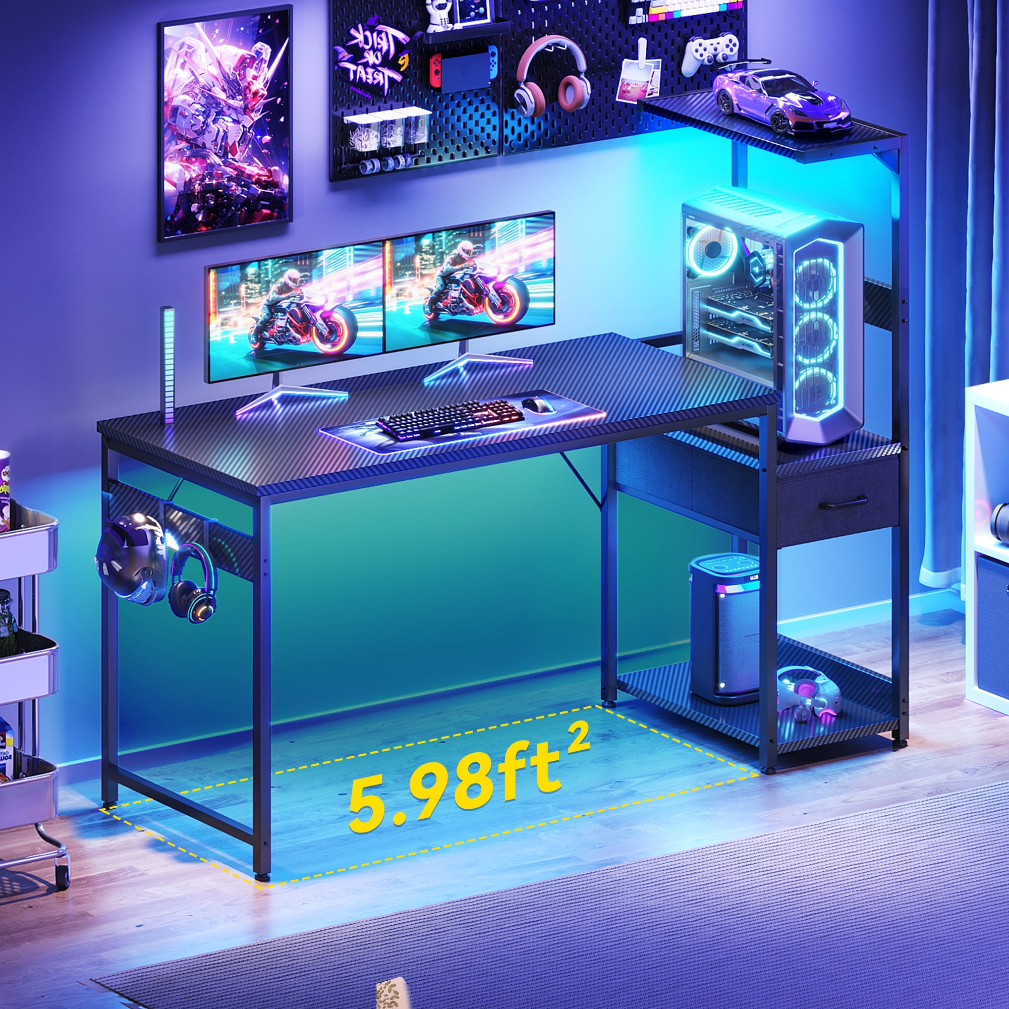 54" Gaming Desk with LED Lights & Storage Drawer, Reversible Computer Desk with Headphone Hook, Carbon Fiber Black