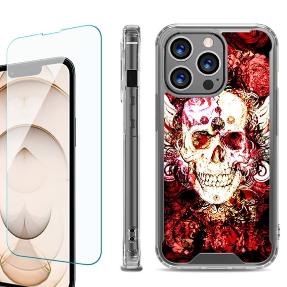Shockproof Bumper Phone Case for iPhone 13 Pro Max, with Tempered Glass Screen Protector, by OneToughShield ® - Rose Skull