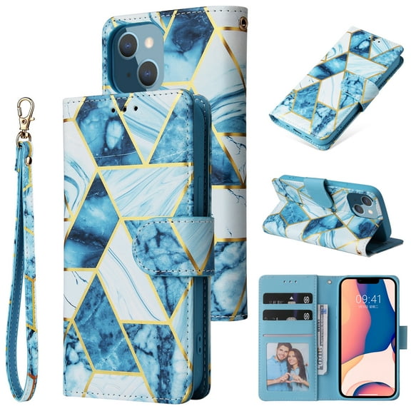 SaniMore for iPhone 15 Plus 6.7" 2023 Case, PU Leather Luxury Marble Flip Cover with Detachable Wrist Strap Card Slot Kickstand Shockproof Magnetic Buckle Protective Shell, Blue