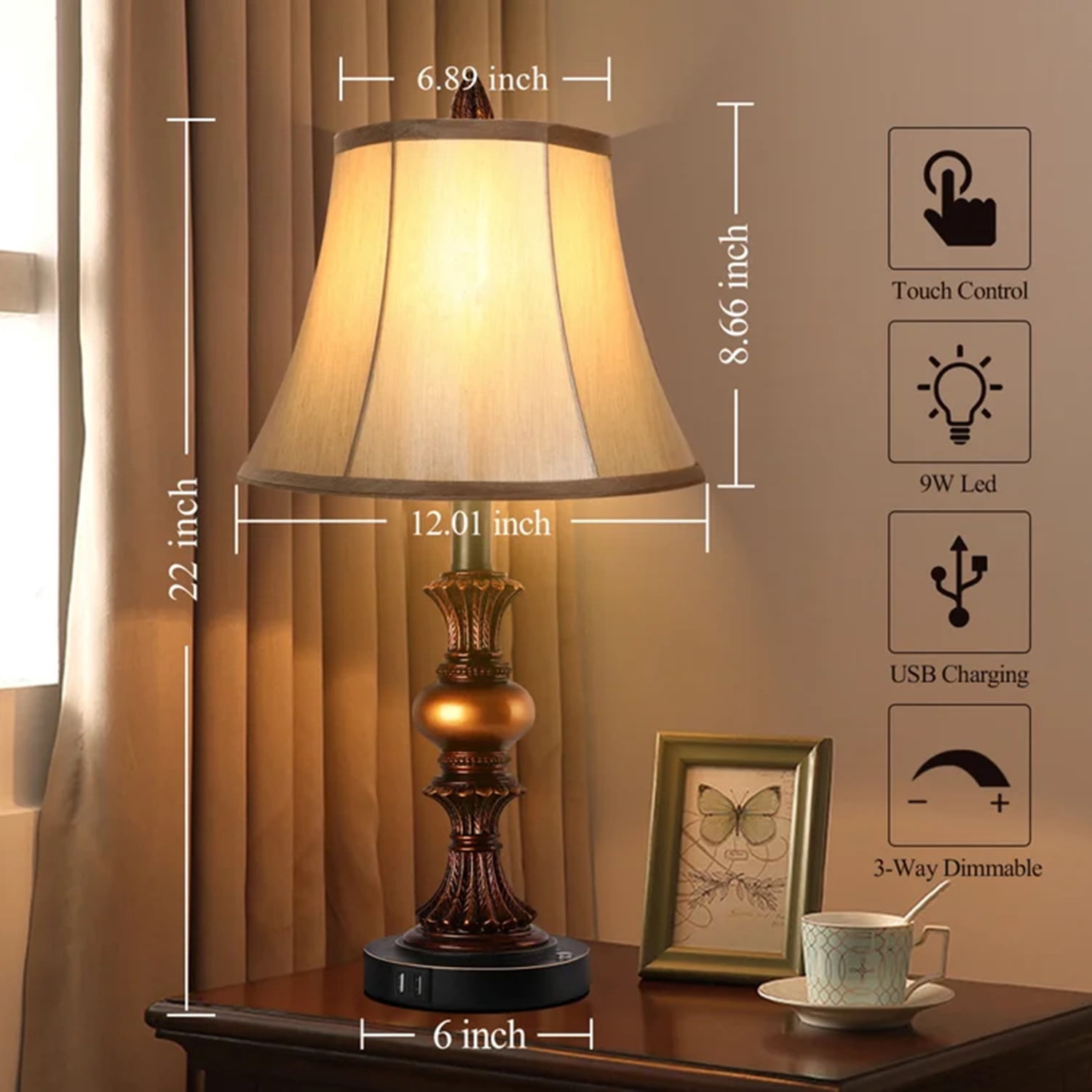Nictiv 2 Pack Traditional Table Lamps,Touch Control 3-Way Dimmable Lamp Sets w/4 USB Charging Ports, Fabric Tapered Drum Shade Nightstand Lamp for Living Room, Bedroom, 2 Free LED Bulbs, Bronze