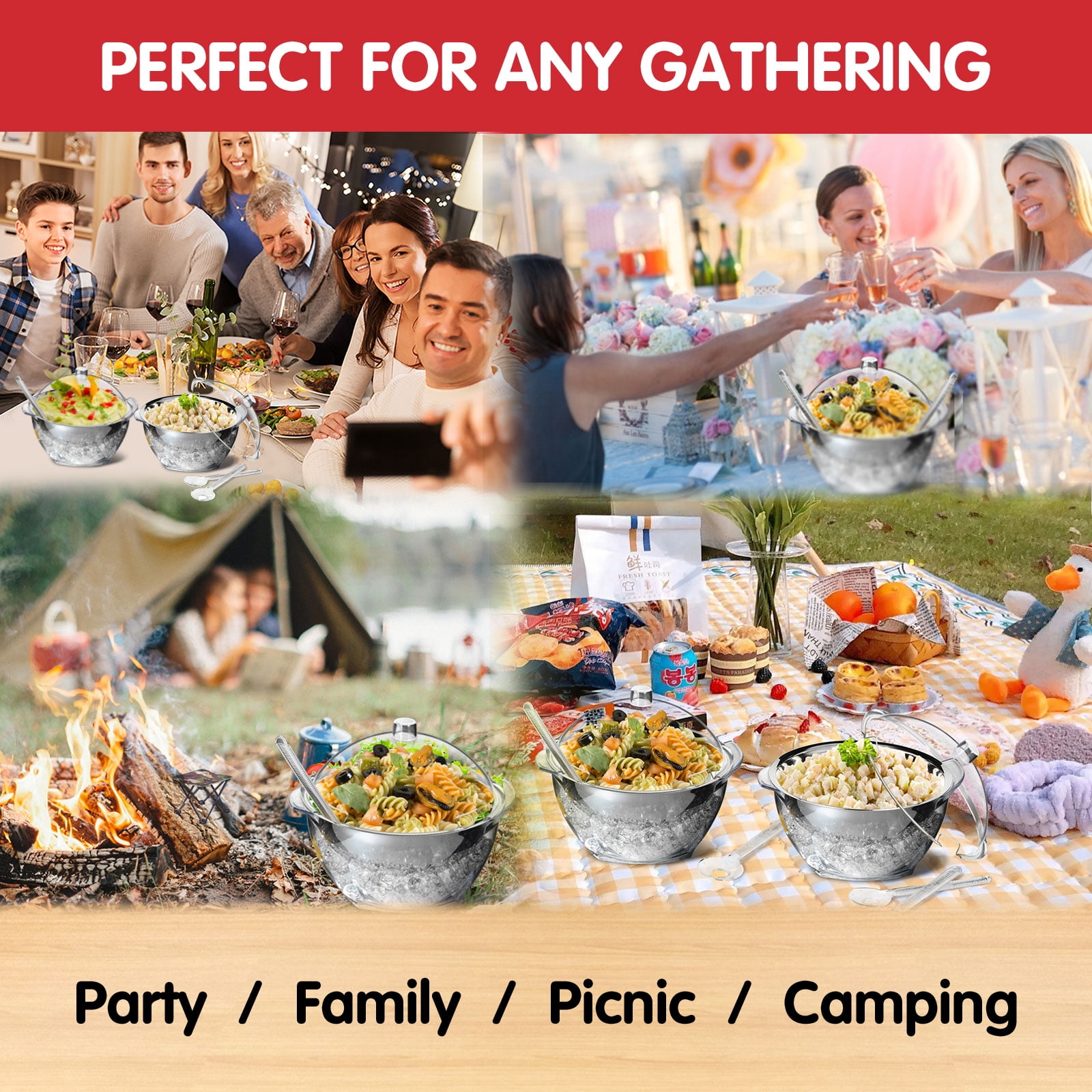 Innovative Life Large Salad Bowl on Ice with Lid,Veggie Platter ,Party Supplies,Chilled Mixing Serving Bowl for Party