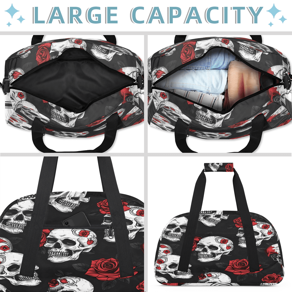 Herdesigns Skull Rose Flower Sports Duffle Bag for Women & Men, Gym Bag Dance Bag Overnight Bag Carry On Weekender Travel Bag