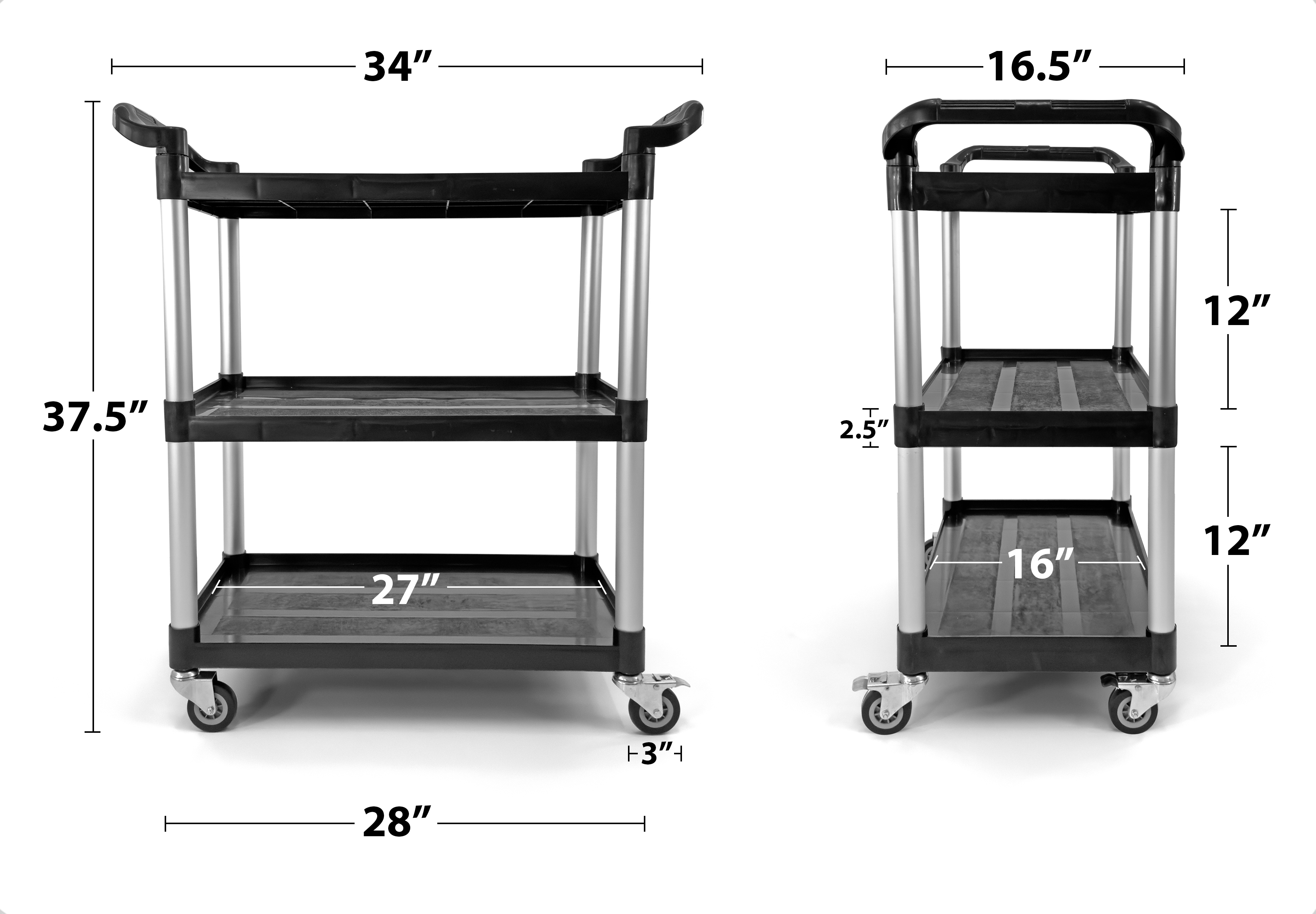 Commercial 3-Shelf Rolling Service Utility Cart | Capacity 390 lbs. | 37" x 34" x 16" | Black