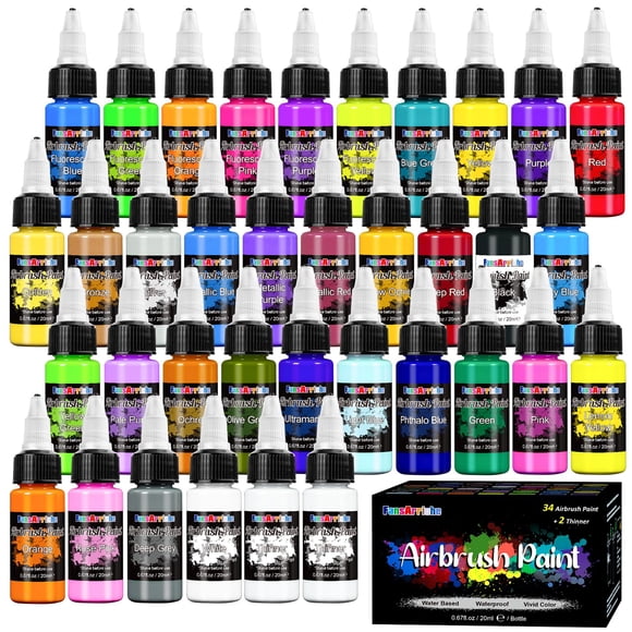 FansArriche Airbrush Paint Set, 34 Colors Acrylic Air Brush Paint Kit with 2 Thinner, Ready to Spray Water-Based Opaque & Neon Colors for Beginners,
