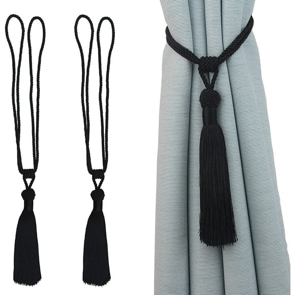 2 Pack Handmade Curtain Tiebacks Rope Tassel Curtain Holdbacks for Home Office Decoration (Black, 2)