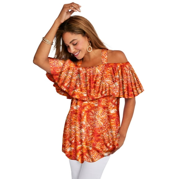 Jessica London Women's Plus Size Stretch Knit Cold Shoulder Ruffle Tunic