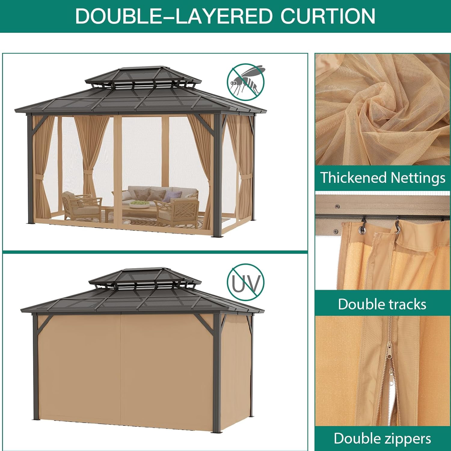 2025 New 10'x13' Hardtop Gazebo, Outdoor Polycarbonate Double Roof Canopy, Aluminum Frame Permanent Pavilion with Curtains and Netting, Sunshade for Garden, Patio, Lawns