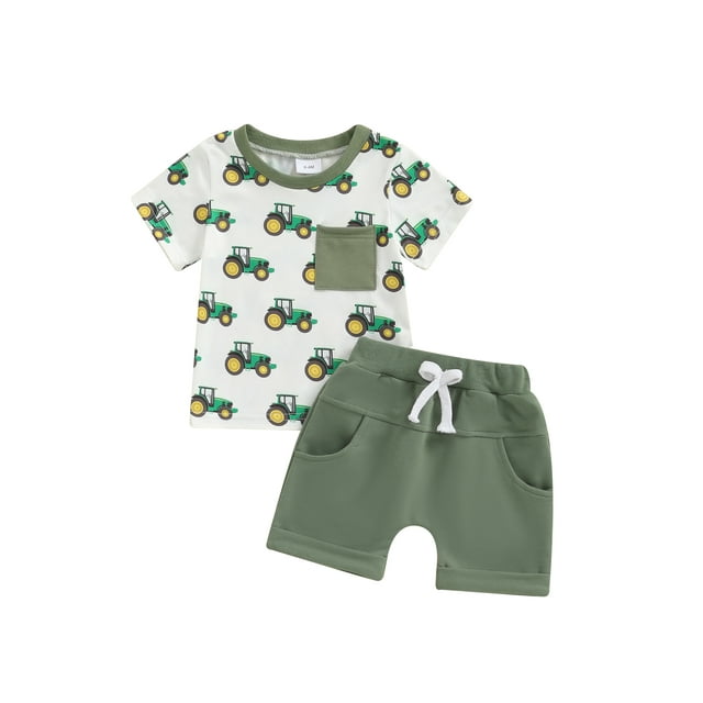 FOCUSNORM 2Pcs Bébé Garçon Tenue d'Été 0M 6M 12M 18M 2T 3T Tracteur Imprimé Col Rond Manches Courtes Tops Taille Élastique Short