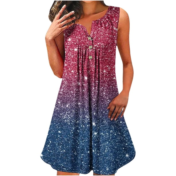 Vestido sin Mangas para las Mujeres Pullover con Botón de Impresión Espumante Vestido de Cuello Redondo, Vestido Lindo de Pascua de Poliéster para Fiesta, Diario Y Caso de Exposición