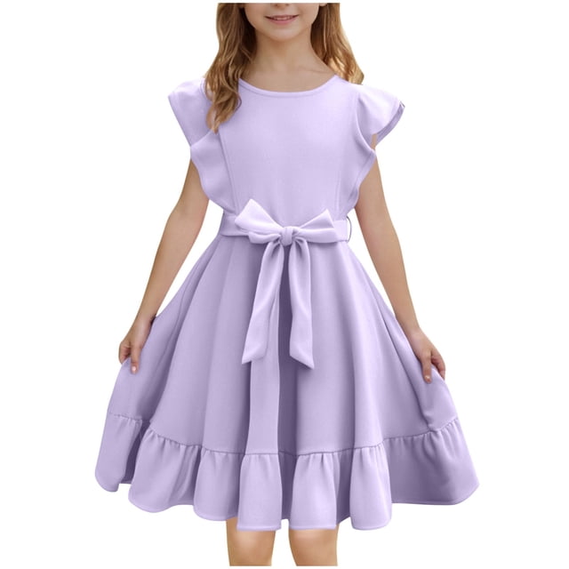 Robes d'Été pour Filles à Double Couche, Manches Volantées, Coupe Évasée Fluide, Robe Soleil Décontractée Midi, Violet, 5-6 Ans
