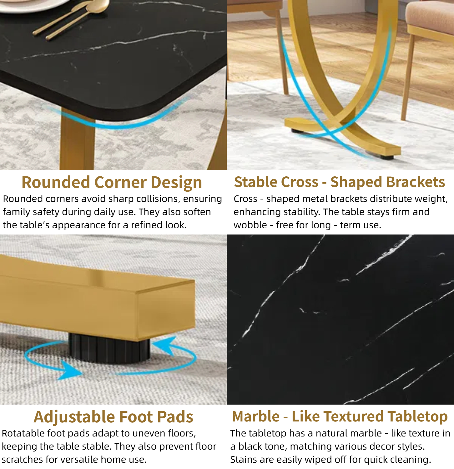 Fnova 63" Modern Long Dining Table for 6 people, Rectangular Faux Marble Kitchen Table with Metal Legsfor Dining Room, Black Gold
