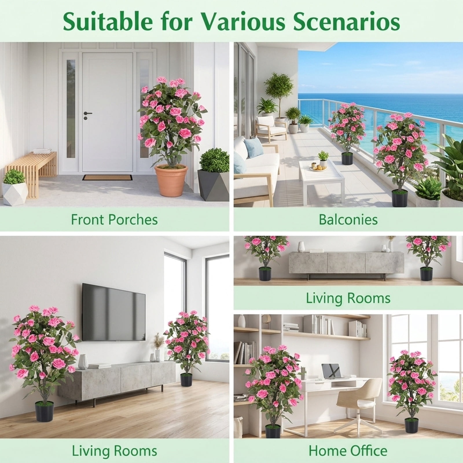 Vebreda Artificial Plant Decor, Set of 2 Artificial Rose Tree with Blooming Flowers and Green Leaves for Indoor, Beautiful & Lifelike Rose Tree