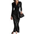 thumbnail image 2 of Women's Dress Long Sleeve Solid Color Tie Waist Classic Elegant Midi Dress for Office Commuting Spring Fall,Black,L, 2 of 5