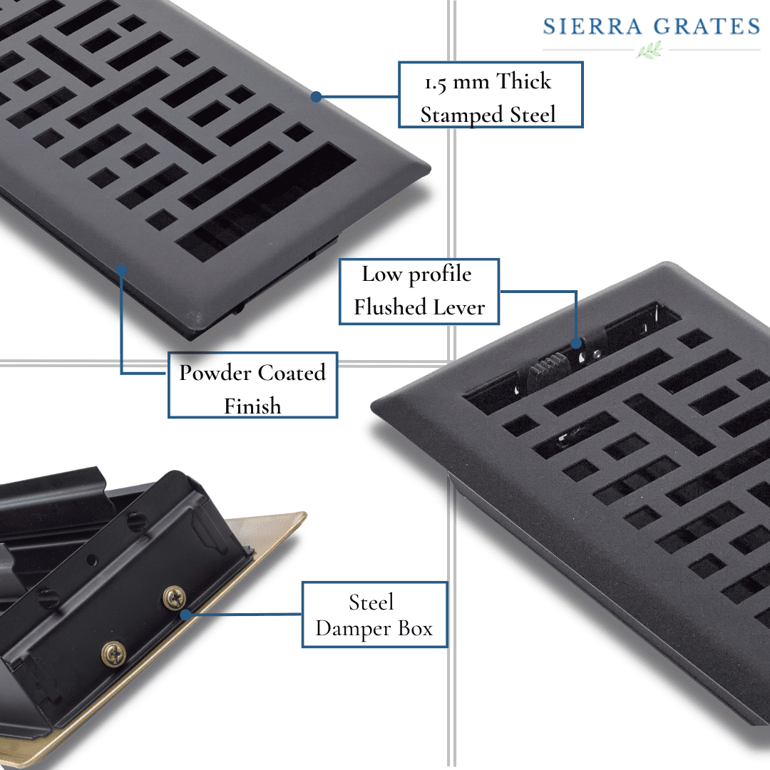 Sierra Grates 4” x 12” Metro Design Cast Iron Black Finish Floor Register with Air Filter