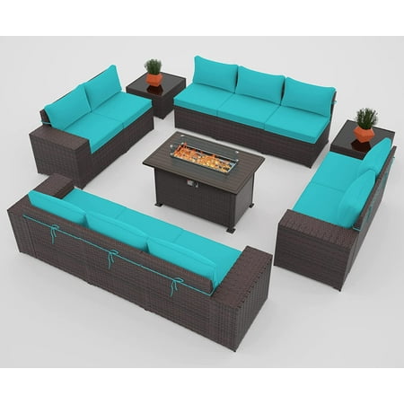 ALAULM Outdoor Patio Furniture Set with Gas Fire Pit Table 13 Pieces Outdoor Furniture Set Patio Sectional Sofa w/43in Propane Fire Pit PE Wicker Rattan Patio Conversation Sets - Teal