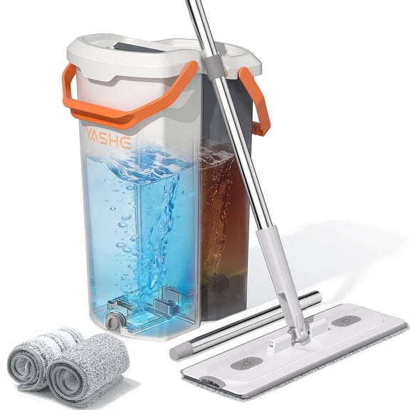 Mop and Bucket Set with Wringer, 360° Flat Squeeze Mop with Long Handle, Detachable Space-Saving Bucket, 2 Reusable Microfiber Pads, Wet & Dry Floor and Wall Cleaning for Kitchen & Bathroom