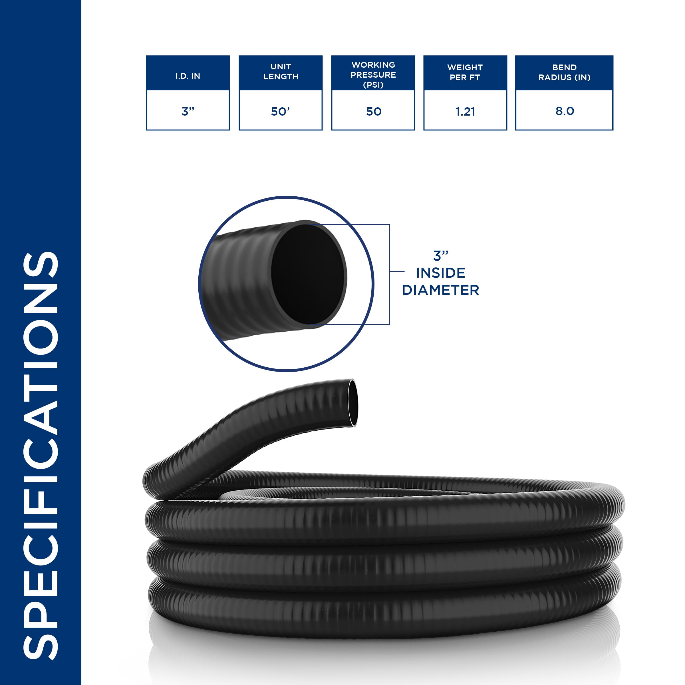 Alpine Corporation 3" I.D. x 50' PVC Flexible Pond Hose, Black