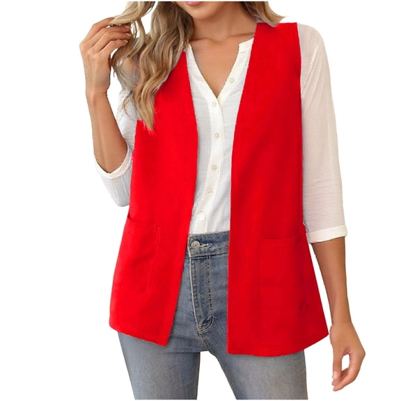 Timegard Womens Vests Sleeveless Cardigan Dressy Casual Fall Loose Fitting V Neck Open Front Vests Jackets with Pockets,Red,XL