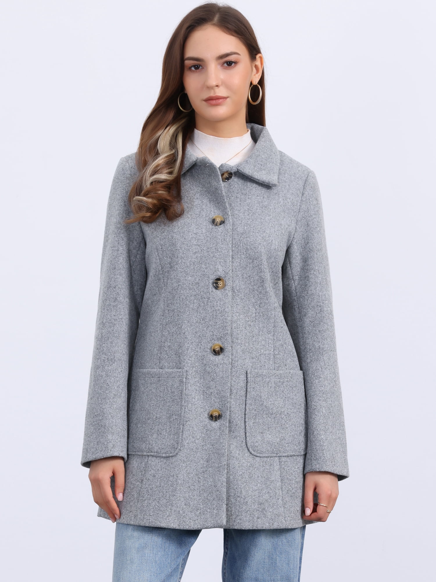 DARING DIVA Women's Winter Overcoat Mid-Long Notch Lapel Peacoat with Pockets M Light Gray