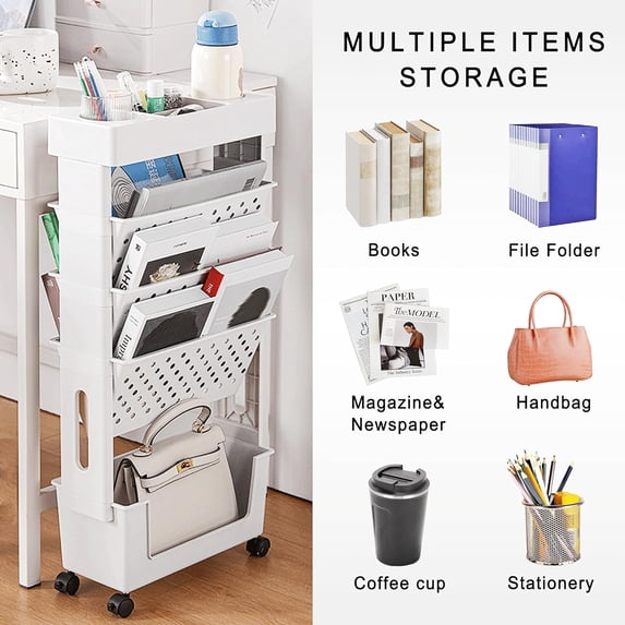 5 Tier Rolling Utility Cart Multi-Functional Movable Storage Book Shelves with Lockable Casters for Study Office Kitchen Classroom, White