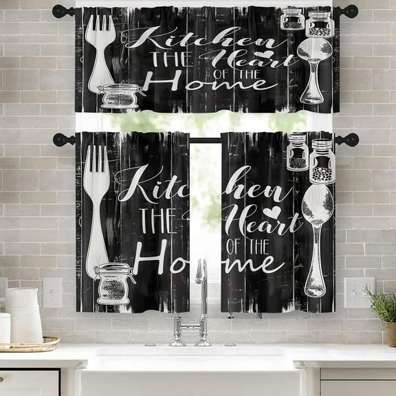 dinii 36 Inch Kitchen Curtains Black Farmhouse Rustic Window Curtains and Valances Set of 3, Vintage Fork Spoon Country Wooden Wood Short Tier Curtain, Vintage Small Kitchen Decor
