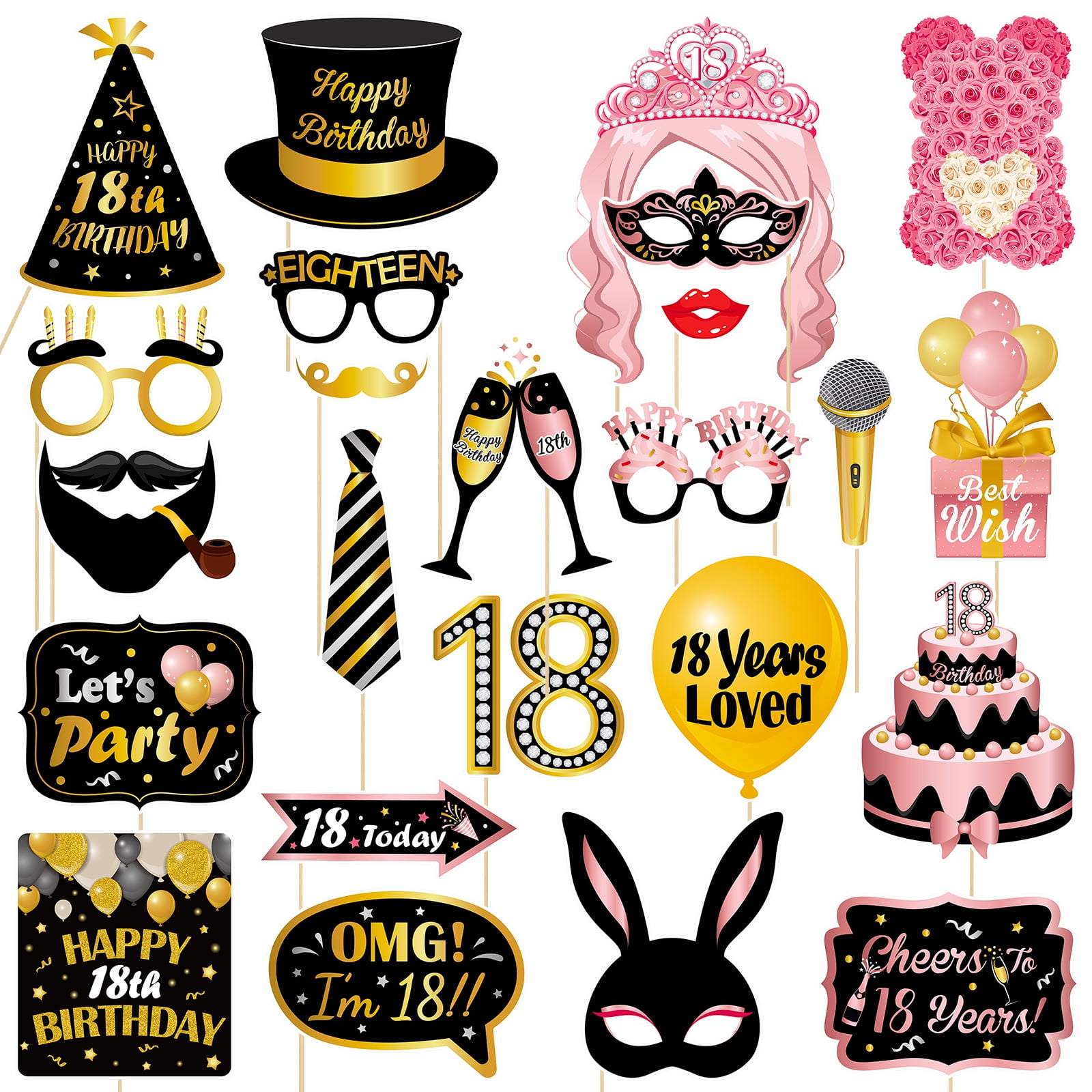Birthday Photo Booth Props,24PCS Hand-painted pattern Birthday Selfie Props Party Props Birthday Decorations Party Photo Props for men women