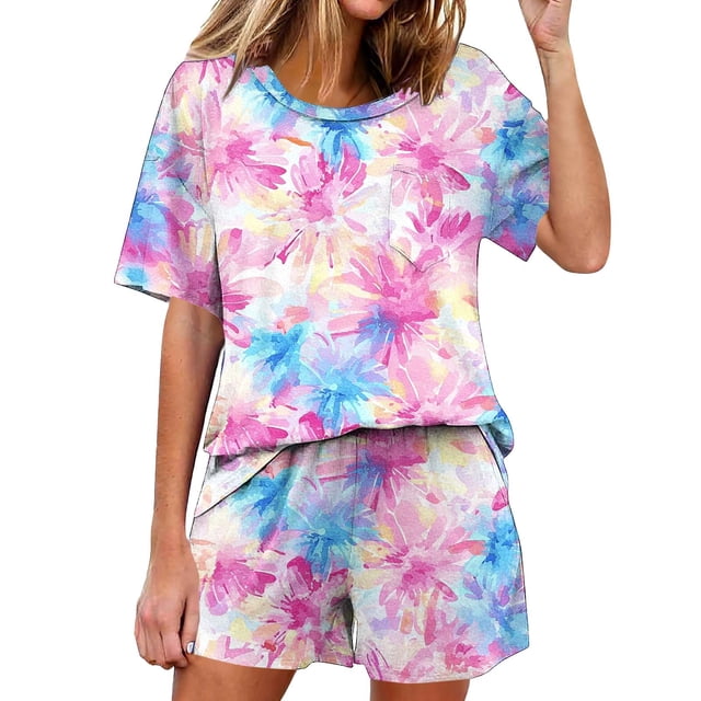 Conjunto de pijama de las mujeres de manga corta cuello redondo con pantalones, ropa de salón casual de color sólido para ropa de dormir en el hogar