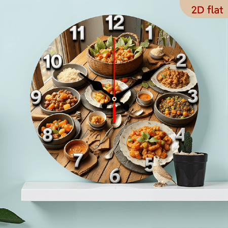 2D Flat 1pc 10Inch Wooden Clocks, Delicious Food Theme Design, One Round Simple Wall Clock, Silent Wooden Clock, Suitable for Living Room, Bedroom, Office Decoration Modern Style Wall Clock Silent
