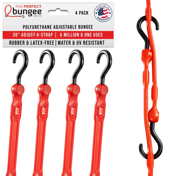 The Perfect Bungee Correa elástica ajustable de 36 pulgadas con correa elástica de poliuretano resistente, ganchos de nailon resistentes, fabricados en los EE. UU., paquete de 4, color rojo