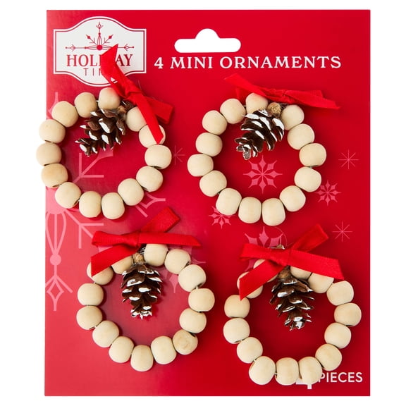 4-Count Wood Beaded Wreath Mini Christmas Ornaments, 2", by Holiday Time