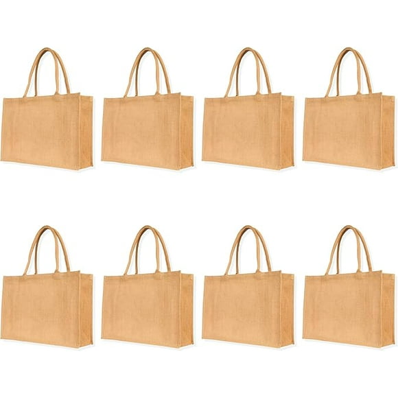 8 Pack Jute Tote Bag, Reusable Jute Bags with Handles, Large Jute Shopping Bags Burlap Gift Bags Bulk Kitchen Grocery Bags for Women Wedding DIY Art Crafts, 13″(H) x 18″(L) x 6″(W) | Jucobee