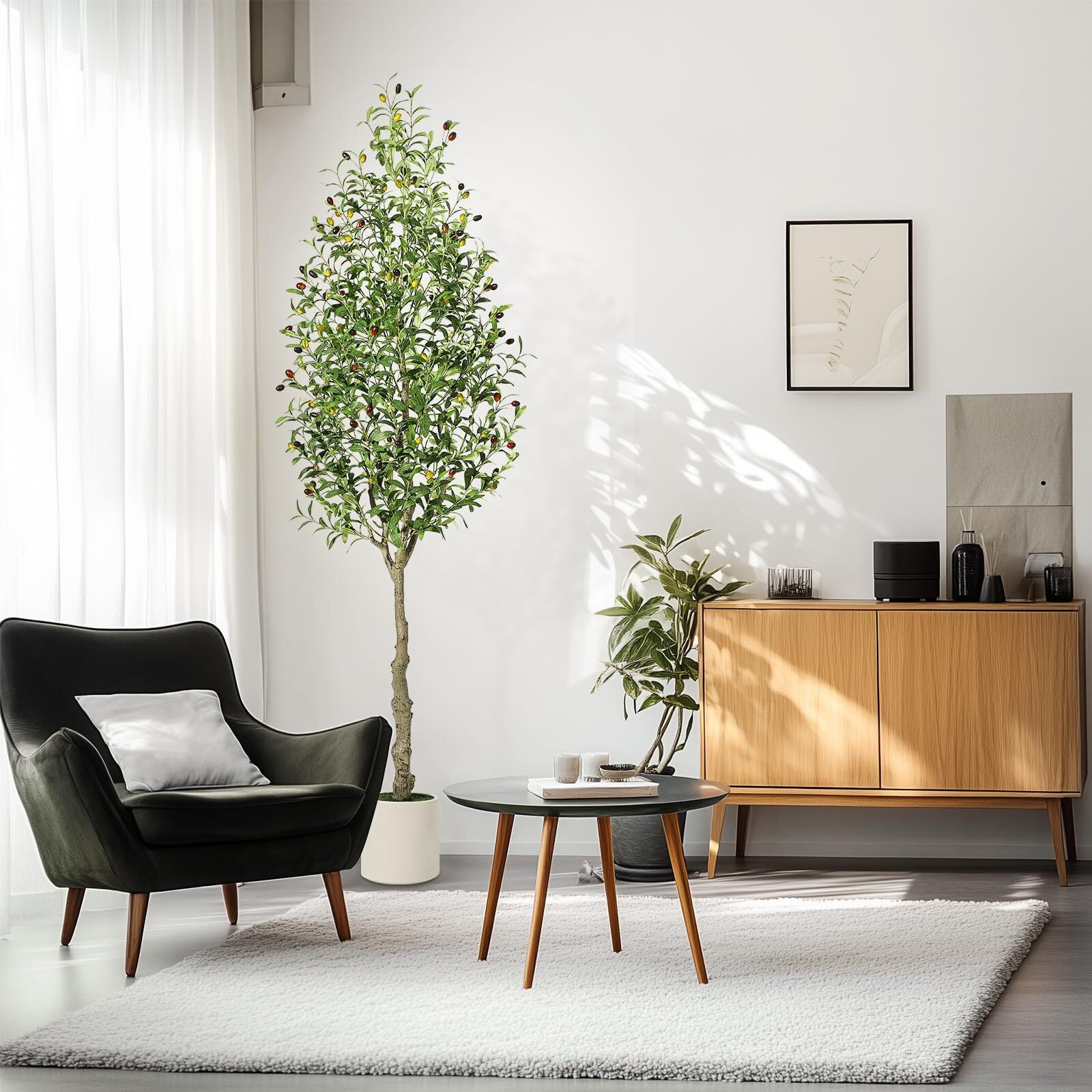 2pcs 7FT Faux Olive Tree Tall,Olive Trees Artificia Indoor with White Planter and Green Moss, Fake UV Resistant Artificial Tree,for Home Office Living Room Bedroom Stairs Foyer Decor