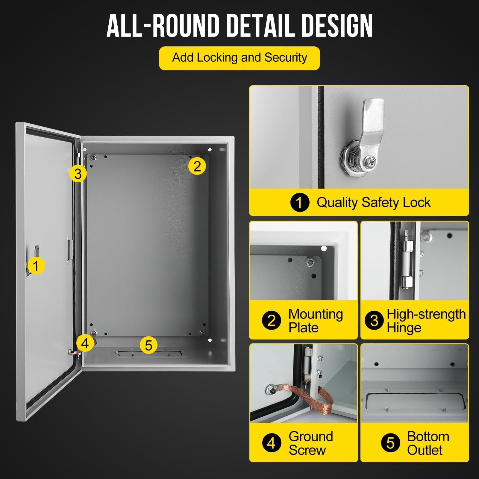 24X16x12 Steel Electrical Box, NEMA 4/4x Steel Electrical Junction Box, IP66 Waterproof & Dustproof Hinged Enclosure - Lockable, with Mounting Plate, for Indoor/Outdoor Electrical Projects