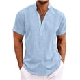 thumbnail image 2 of cllios Cotton Linen Shirts for Men Casual Button V Neck Shirts Lightweight Short Sleeve Henley Beach Shirts Hawaiian T Shirts for Men Summer T-Shirt Light Blue L, 2 of 6