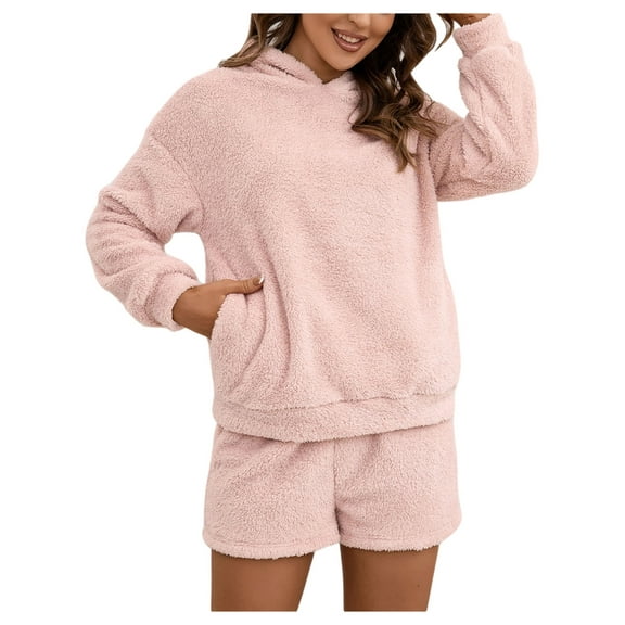 HYwys Womens Fuzzy Pajamas Set 2 Piece Lounge Sets Long Sleeve Hooded Fleece Sleepwear