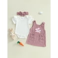 thumbnail image 3 of Baby Toddler Girl Easter Outfit 3 6 12 18 Months Solid Short Sleeve Romper Bunny Overall Dress Tie-up Headband 3 Pcs Clothing Set, 3 of 9