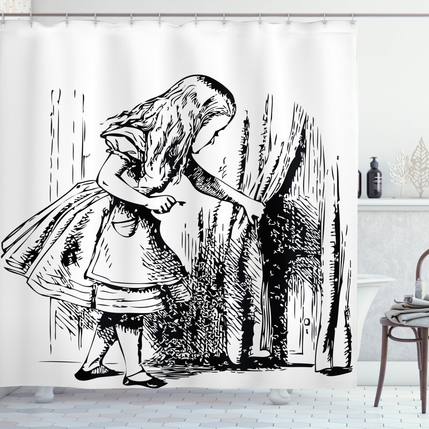 Black White Black and White Alice Looking Through Curtains Hidden Door Adventure 60 X 80 Wall Hanging for Bedroom Living Room Dorm Decor Ambesonne Alice in Wonderland Tapestry