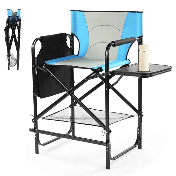 Zimtown 26in Folding Director Chair, 265lbs Capacity, Portable Makeup Artist Chair with Side Table & Cup Holder, Sky Blue
