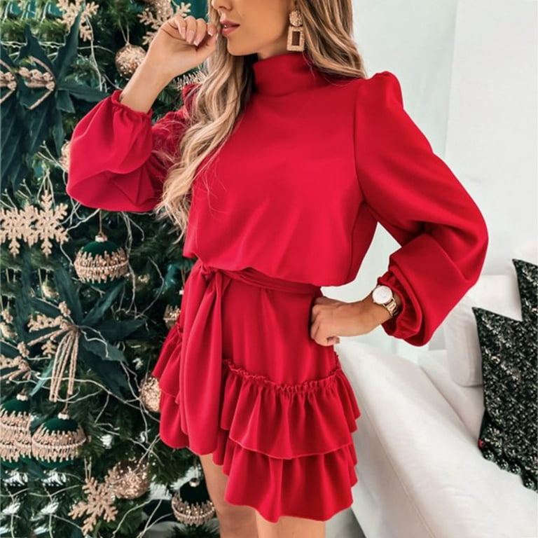 YFPWM Women Clothes Clearance Sale Fashion Women Autumn Solid Causal Round  Neck Long Sleeve Vacation Dress Red M