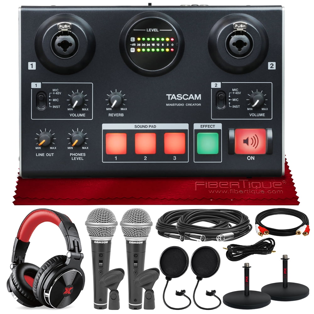 Tascam US-42 MinStudio Creator Audio Interface for Podcasting W/ Platinum  Bundle W/ Cables + 2 Samson Microphones + Headphones + Pop Filters +Goose  